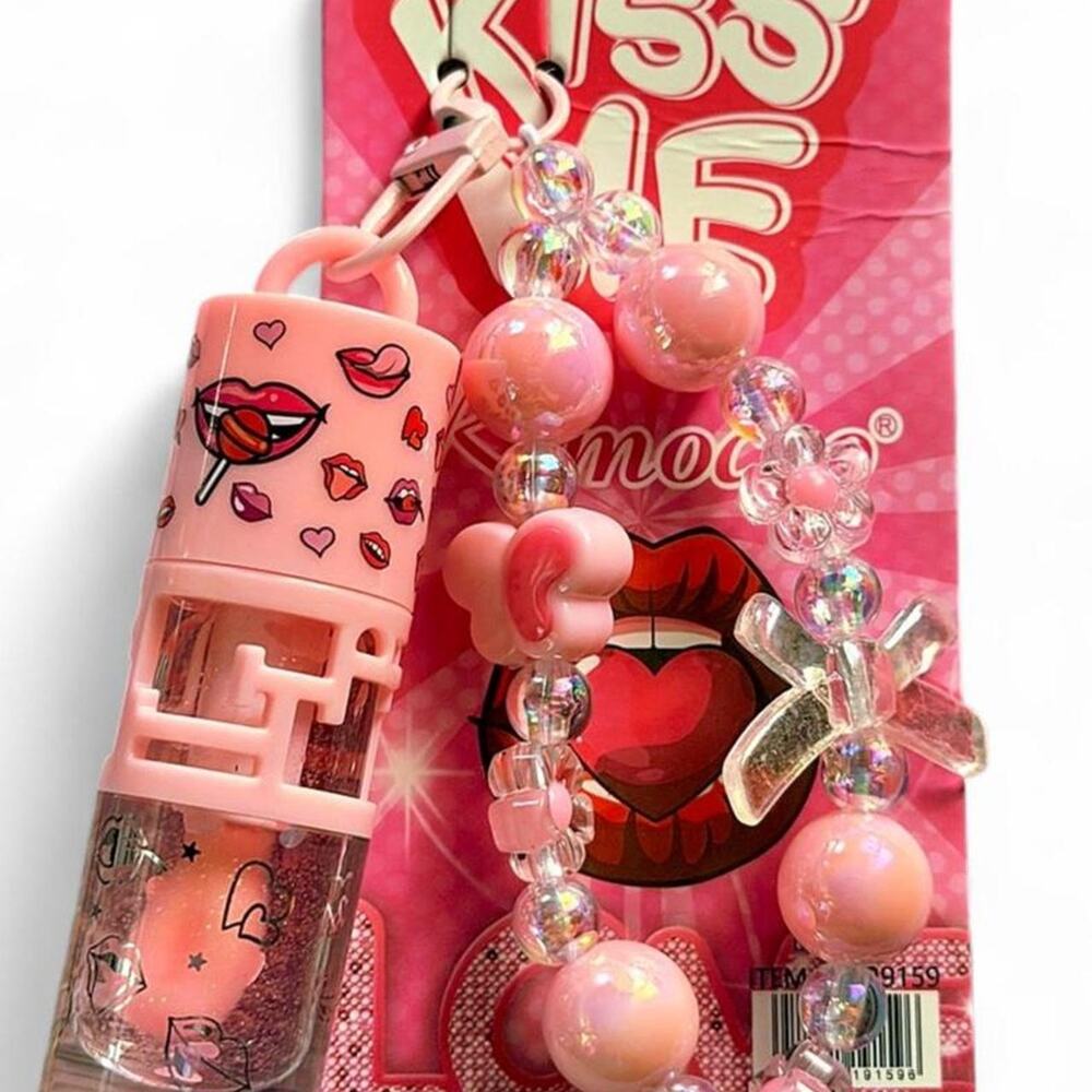 Kiss Me x Kinoko Pastel Pink Sparkles Lip Gloss Keychain Holder Bag Accessory